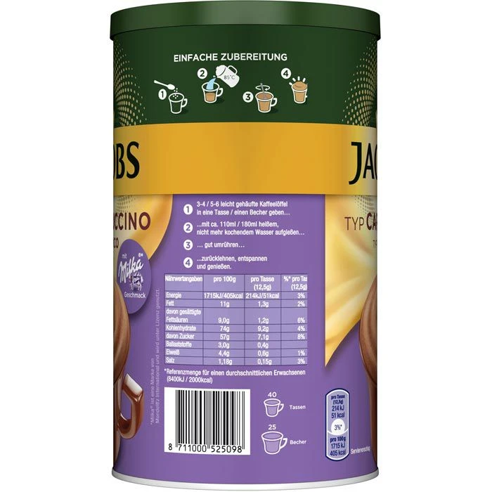 Jacobs Kaffee Cappuccino Milka Choco, Instant-Kaffee, Mild, 500g 2 Jacobs Kaffee Cappuccino Milka Choco, Instant-Kaffee, Mild, 500g – Bild 2
