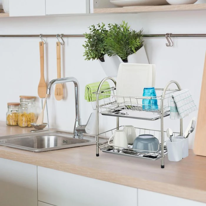 Relaxdays Abtropfgestell 10020389, 2 Etagen, Geschirr & Besteck, Edelstahl, 60x40x28cm, Silber – Bild 2