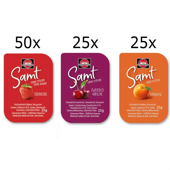 Schwartau Fruchtaufstrich Samt Mix, 50% Frucht, Je 25g, 100 Portionen 2 Schwartau Fruchtaufstrich Samt Mix, 50% Frucht, Je 25g, 100 Portionen – Bild 2