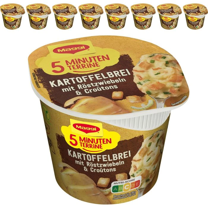 Maggi 5-Minuten-Terrine 8er Pack, Kartoffelbrei Mit Röstzwiebeln & Croutons 1 Maggi 5-Minuten-Terrine 8er Pack, Kartoffelbrei Mit Röstzwiebeln & Croutons