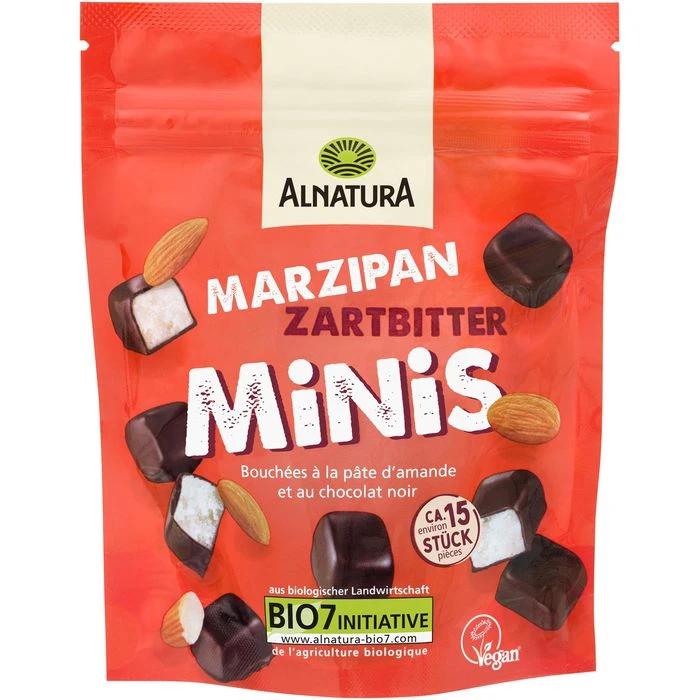 Alnatura Minischokolade Marzipan-Zartbittter, BIO, Gefüllte Schokoladen-Spezialitäten, 70g 1 Alnatura Minischokolade Marzipan-Zartbittter, BIO, Gefüllte Schokoladen-Spezialitäten, 70g