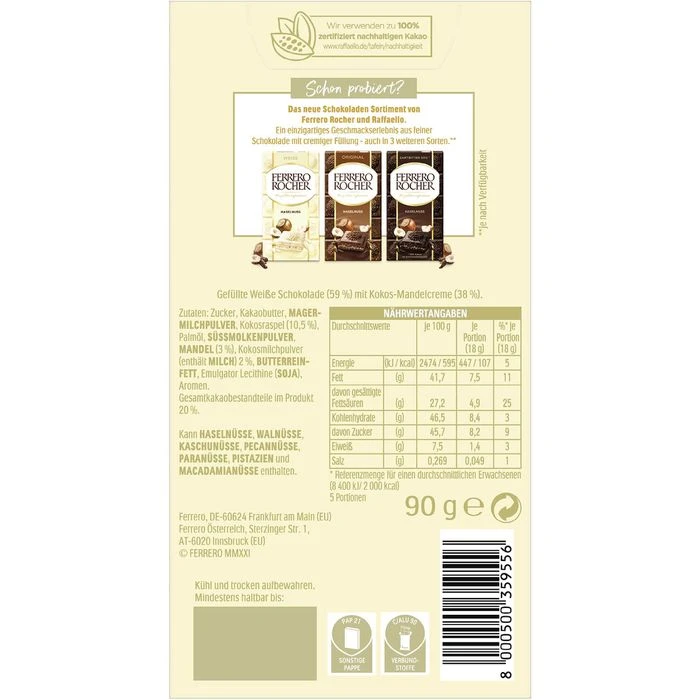 Raffaello Tafelschokolade Weiss, 90g 3 Raffaello Tafelschokolade Weiss, 90g – Bild 3