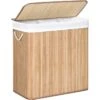 Songmics Wäschekorb LCB091N01 Braun, Mit 3 Fächern, Aus Bambus, Faltbar, 60 X 61,5 X 40 Cm, 150 Liter