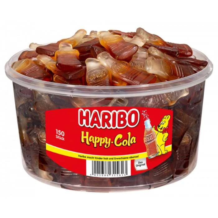 Haribo Fruchtgummis Happy Cola, 1200g, 150 Stück, In Dose 1 Haribo Fruchtgummis Happy Cola, 1200g, 150 Stück, In Dose